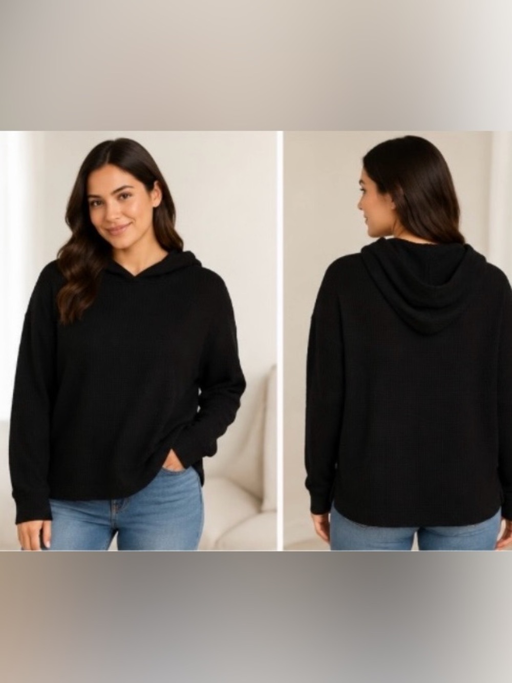 PJ Place Black Waffle Knit Hoodie Oversized Thermal Pullover Size XL